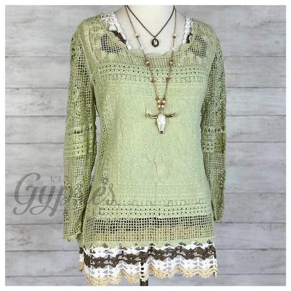 Cozy Casual Tops - Sage Tapestry Doily Lace Top